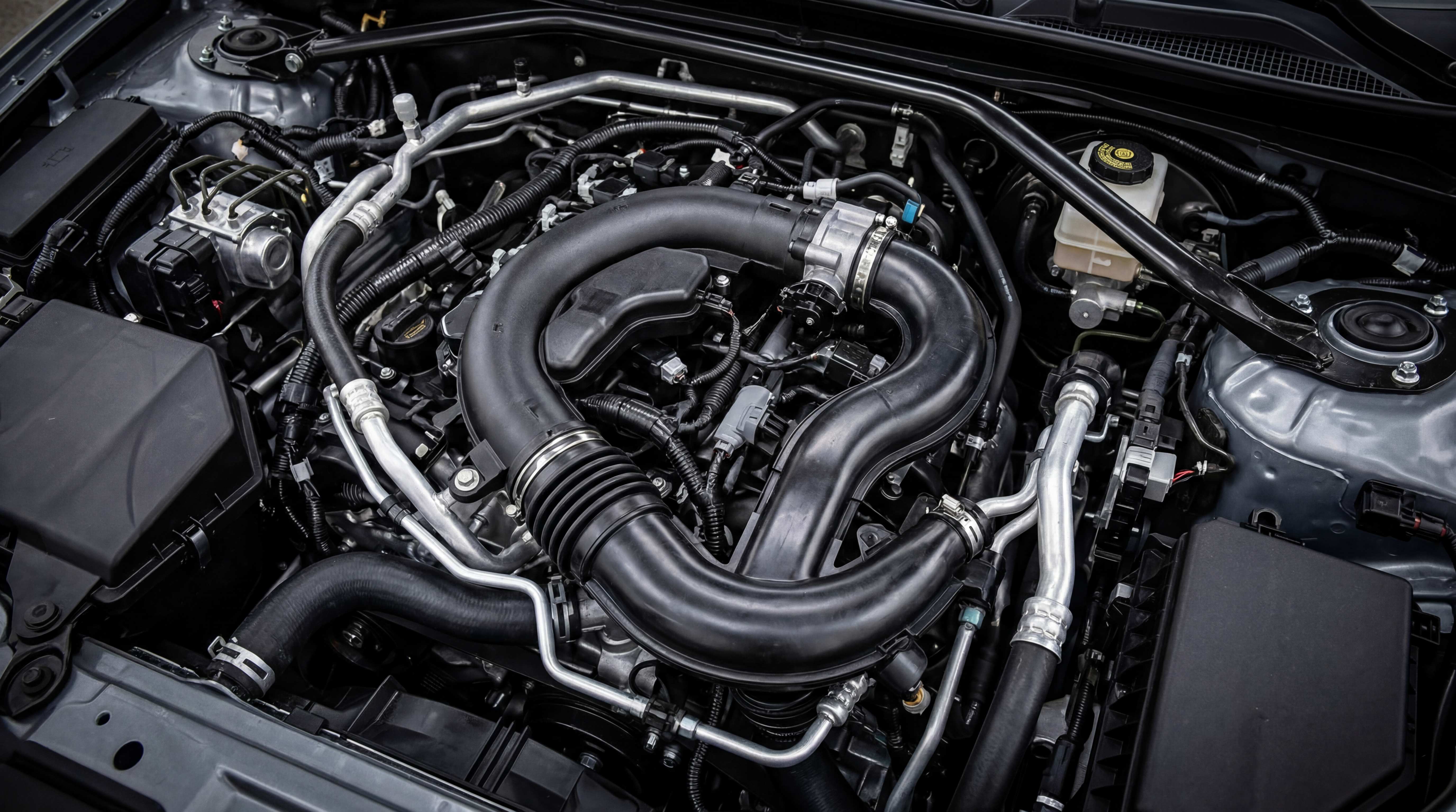 Stock engine bay intake layout showing tight packaging, hoses, wiring and clearance challenges for aftermarket intake system fitment